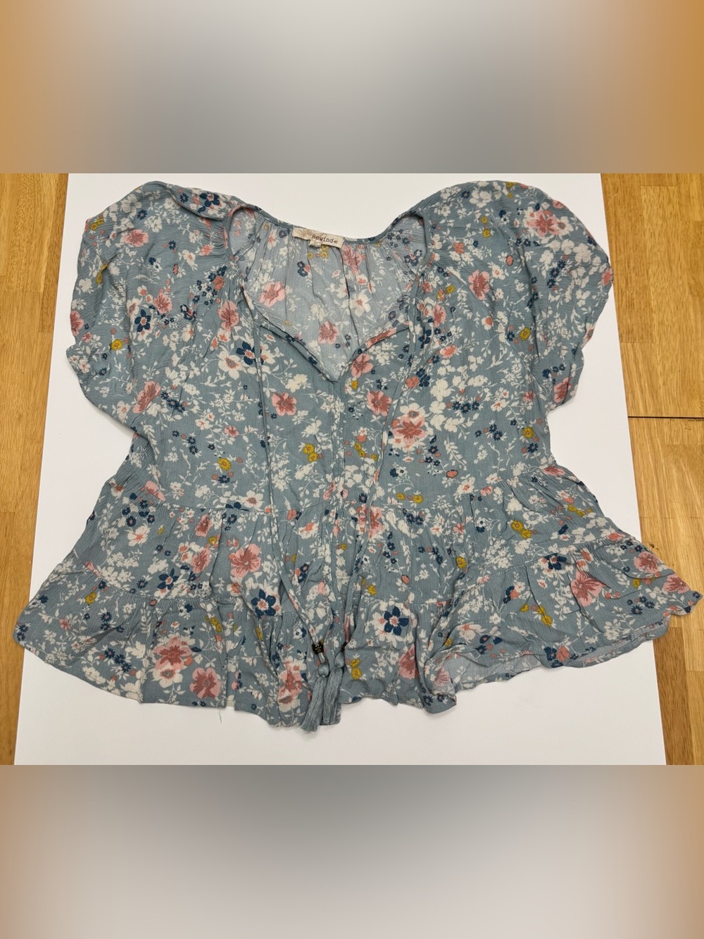 Rewind Dusty Blue Floral Ruffle Tie-Front Blouse